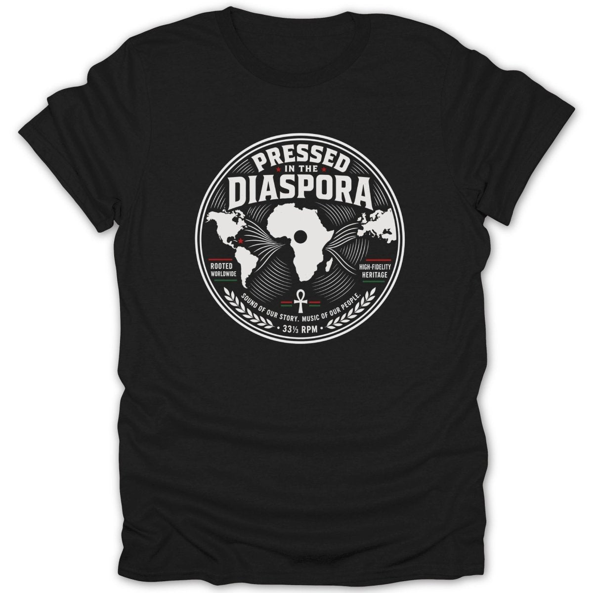 Black t-shirt with "Pressed in the Diaspora" circular graphic featuring a world map.