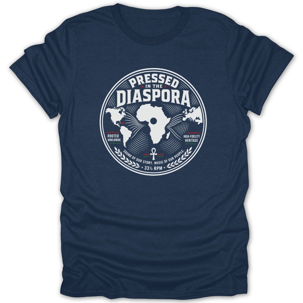 Navy t-shirt with a circular graphic featuring a world map, text, and the ankh symbol.