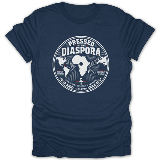 Navy t-shirt with a circular graphic featuring a world map, text, and the ankh symbol.