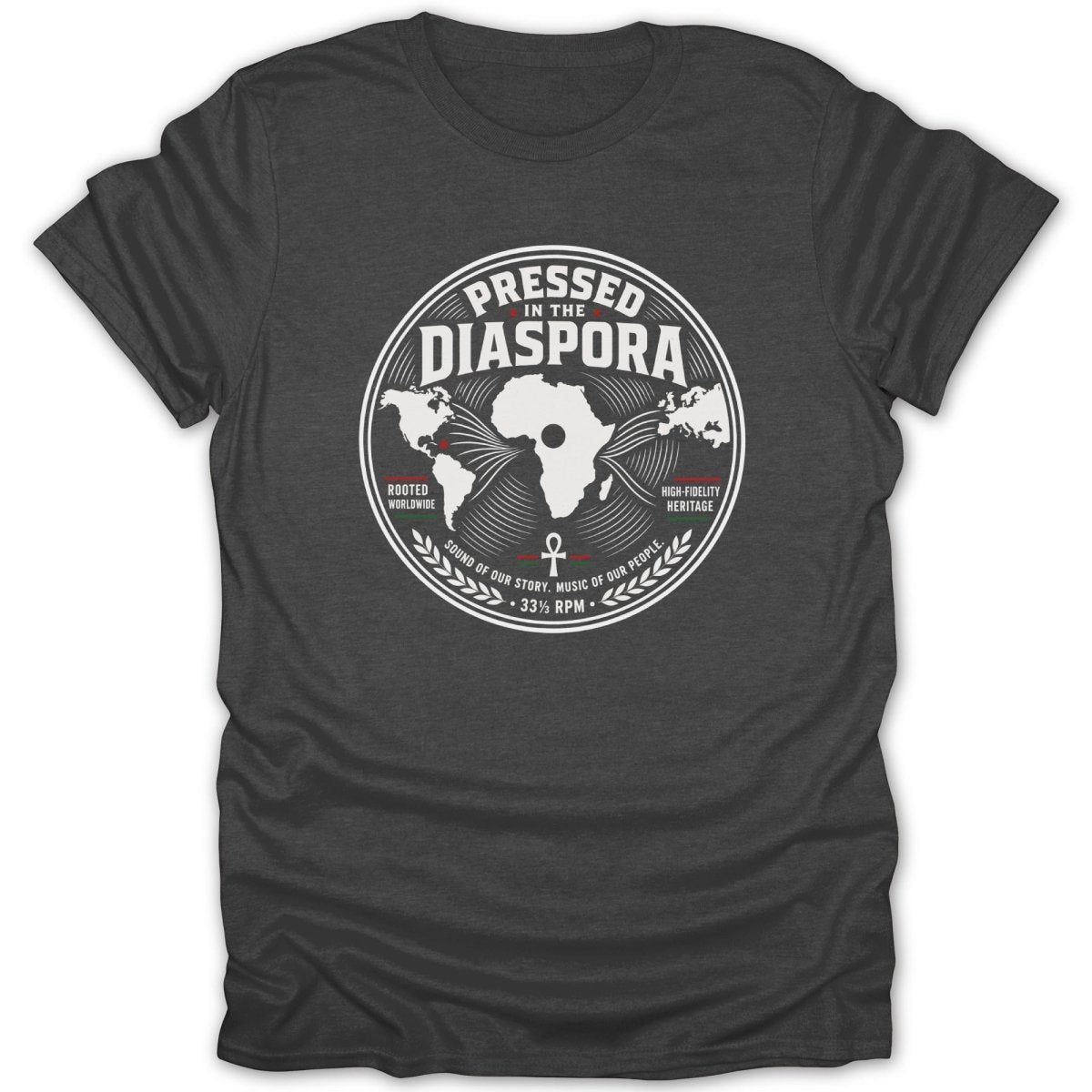 T-shirt with "Pressed in the Diaspora" record design and world map graphic.