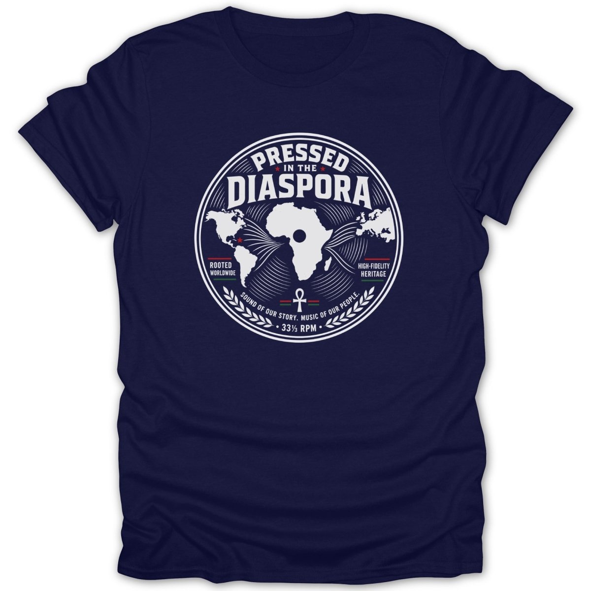 Navy t-shirt with "Pressed in the Diaspora" circular graphic and world map.
