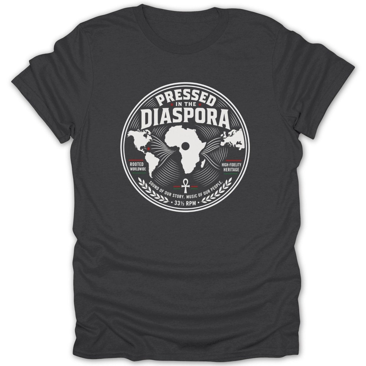 Dark grey t-shirt with "Pressed in the Diaspora" text and globe design.