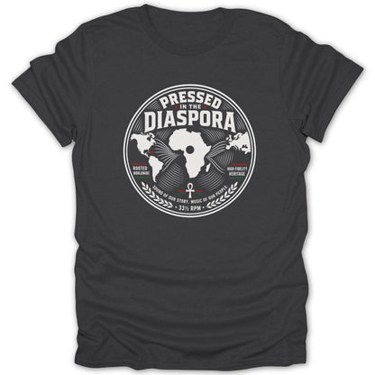 Dark grey t-shirt with "Pressed in the Diaspora" text and globe design.