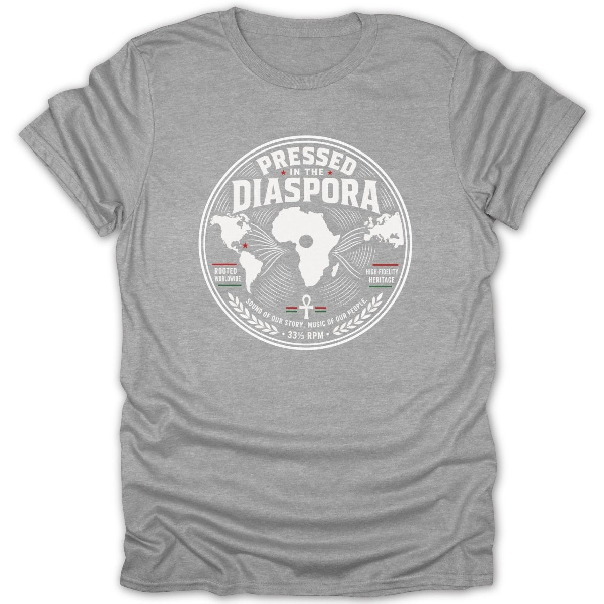 Grey t-shirt with a circular logo featuring the text "Pressed in the Diaspora" and a map of Africa.
