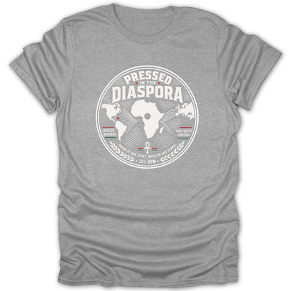 Grey t-shirt with a circular logo featuring the text "Pressed in the Diaspora" and a map of Africa.