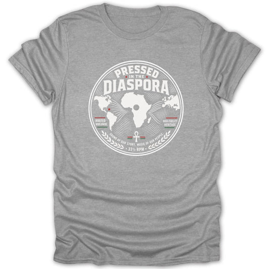 Grey t-shirt with a circular logo featuring the text "Pressed in the Diaspora" and a map of Africa.