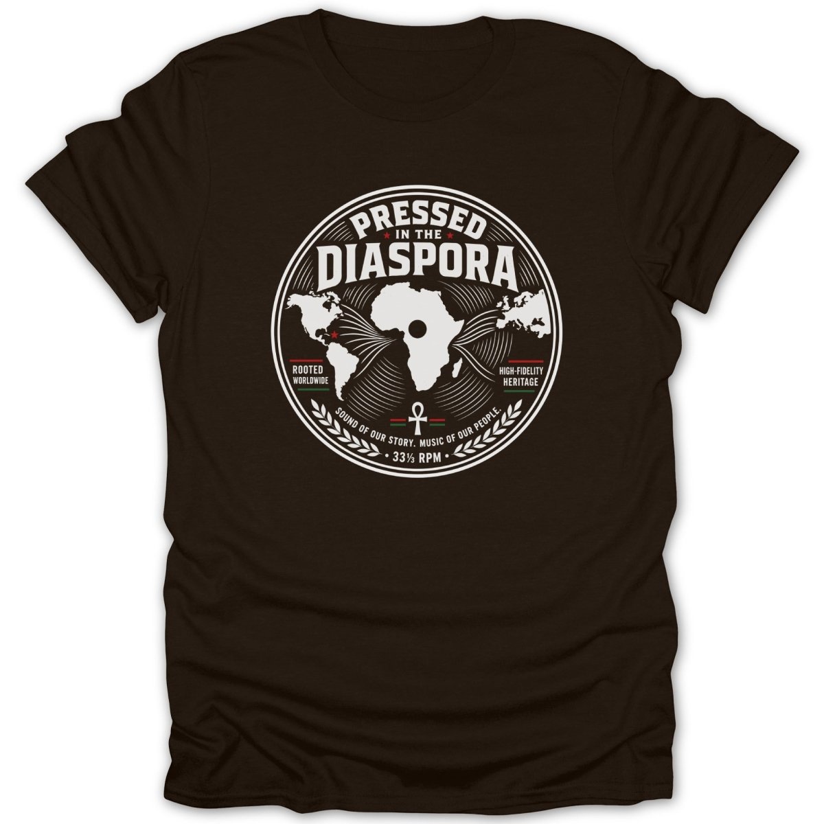 Brown t-shirt with "Pressed in the Diaspora" text, world map, and musical symbols.