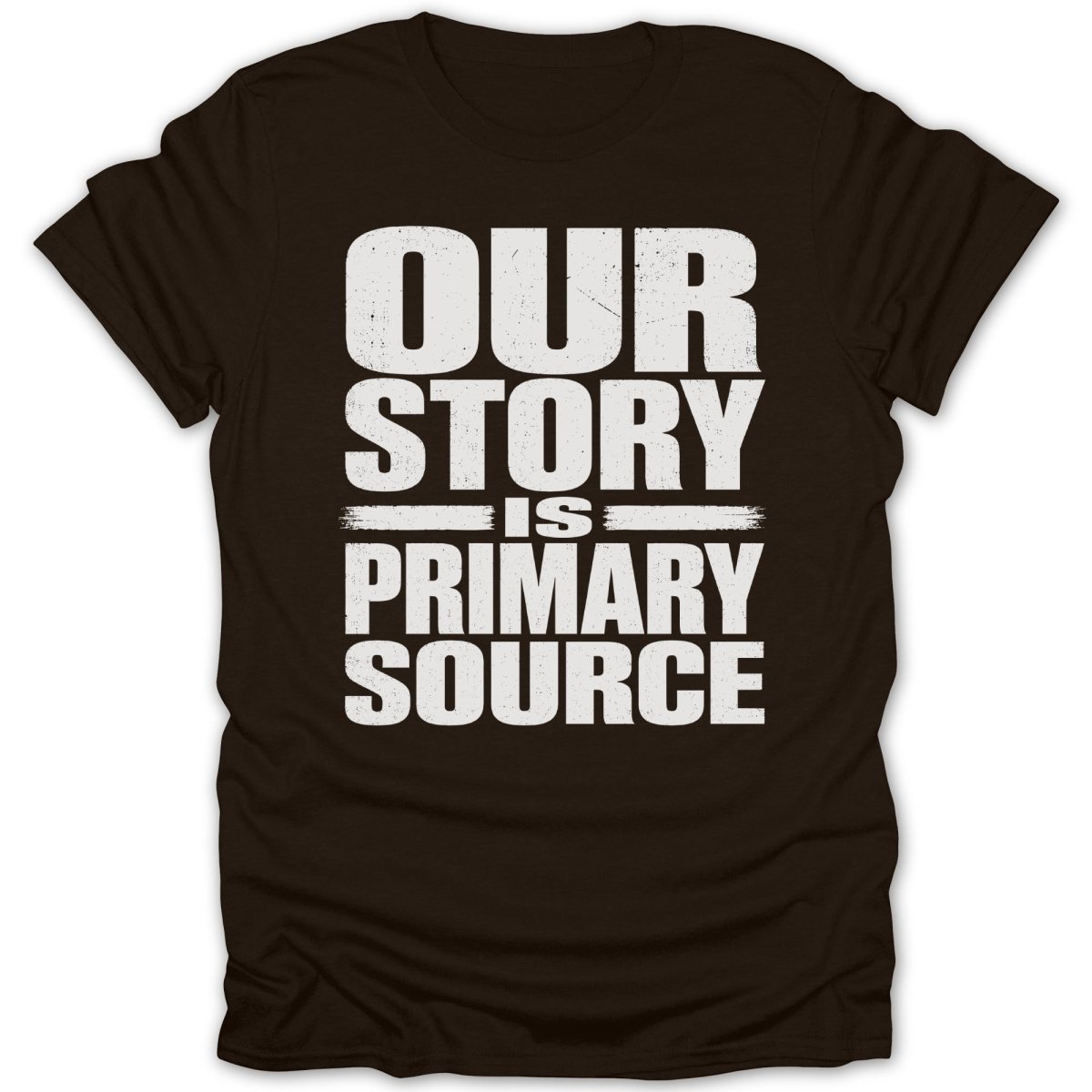Brown t-shirt with distressed white text reading "OUR STORY IS PRIMARY SOURCE".