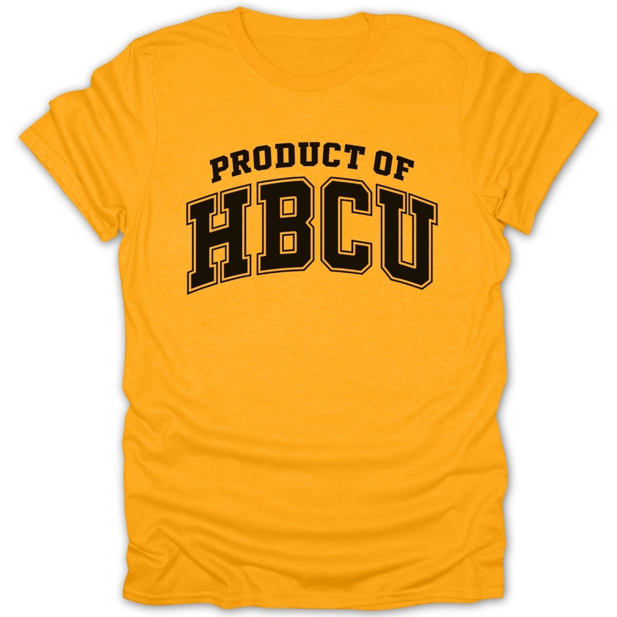 Yellow t-shirt with "PRODUCT OF HBCU" in black collegiate lettering.