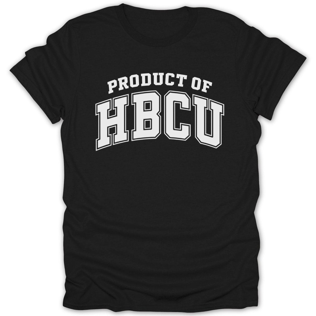 Black t-shirt with "Product of HBCU" in white varsity lettering.