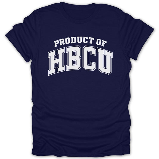 Navy t-shirt with "PRODUCT OF HBCU" in white arched block letters.
