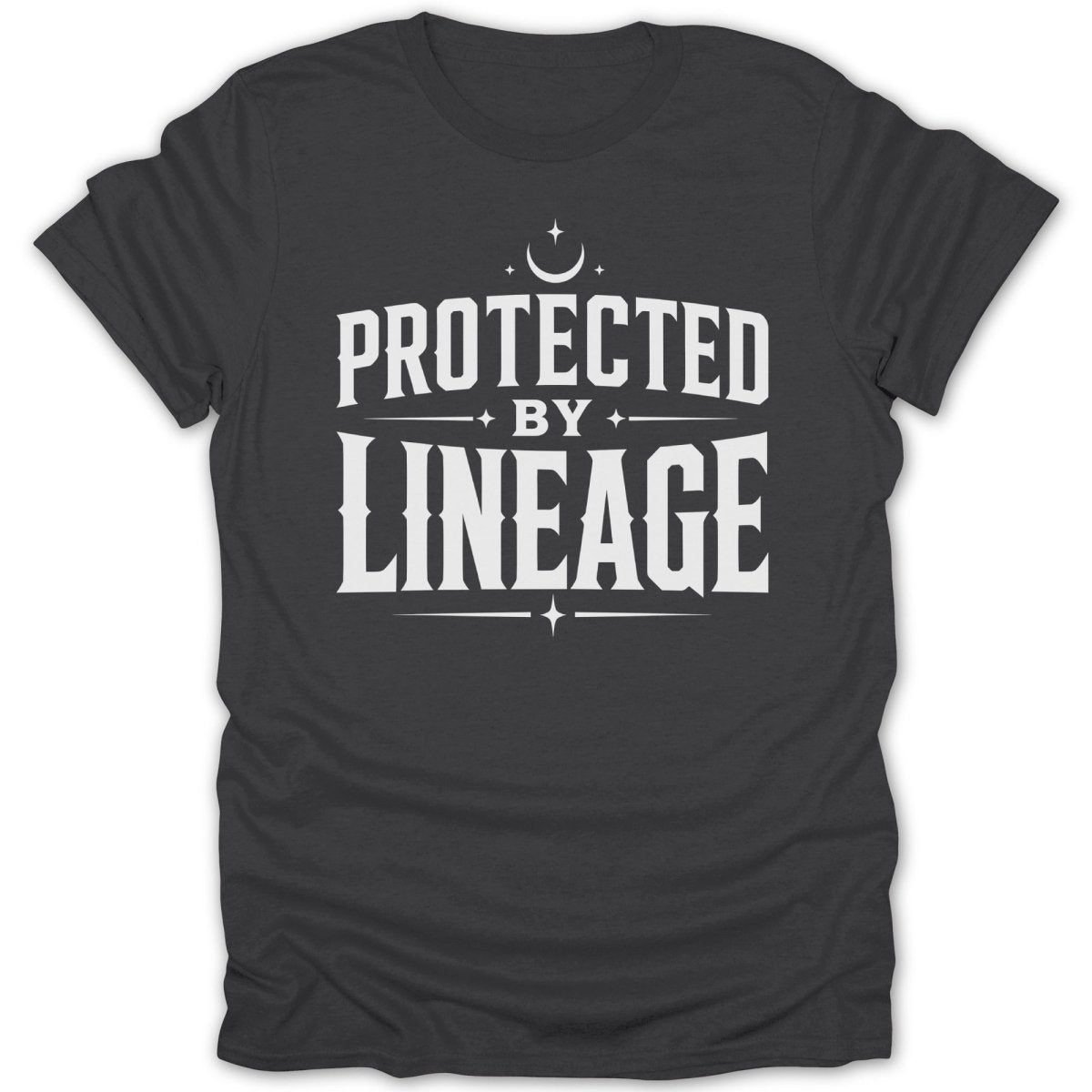 Dark grey t-shirt with white text "PROTECTED BY LINEAGE" and crescent moon graphic.