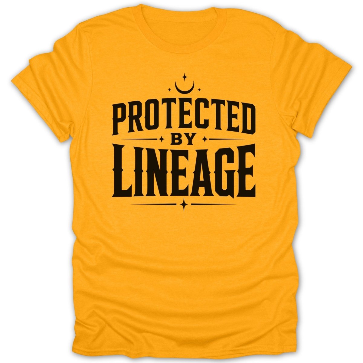 Yellow shirt with black text "Protected by Lineage" and celestial design.