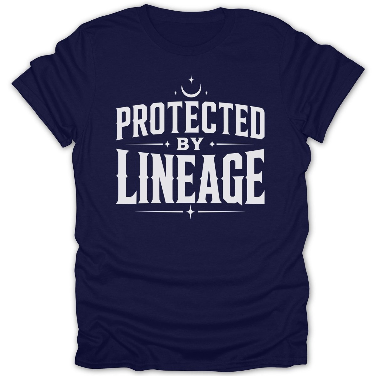 Navy t-shirt with "protected by lineage" in white decorative text.