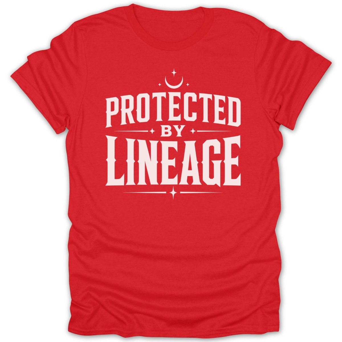 Red t-shirt with white text "PROTECTED BY LINEAGE" and celestial graphics.