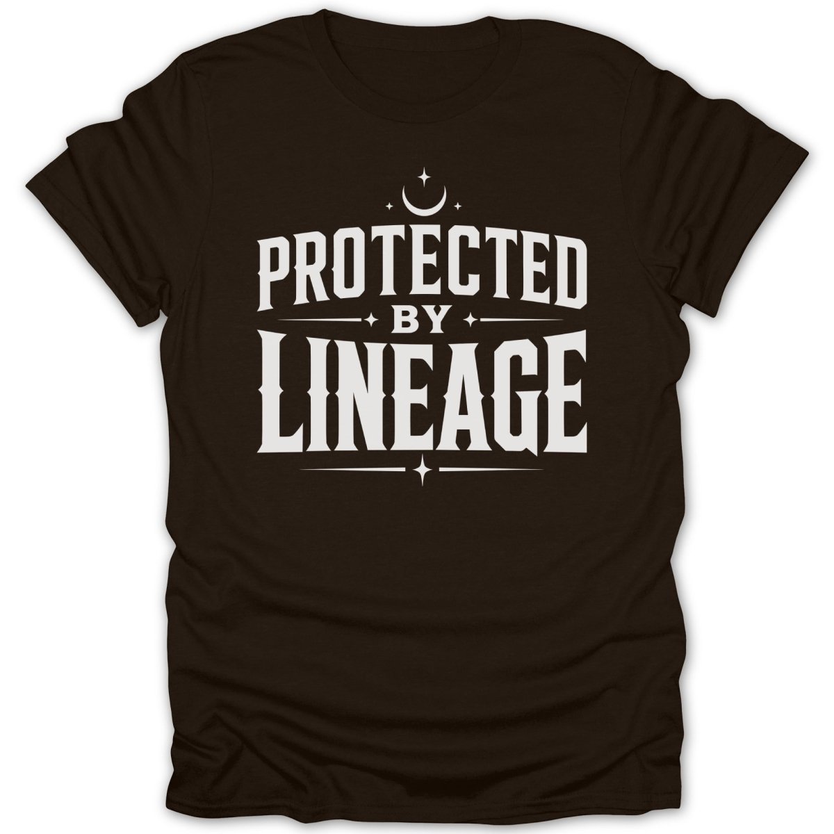 Brown t-shirt with white text: "protected by lineage" and celestial graphic.