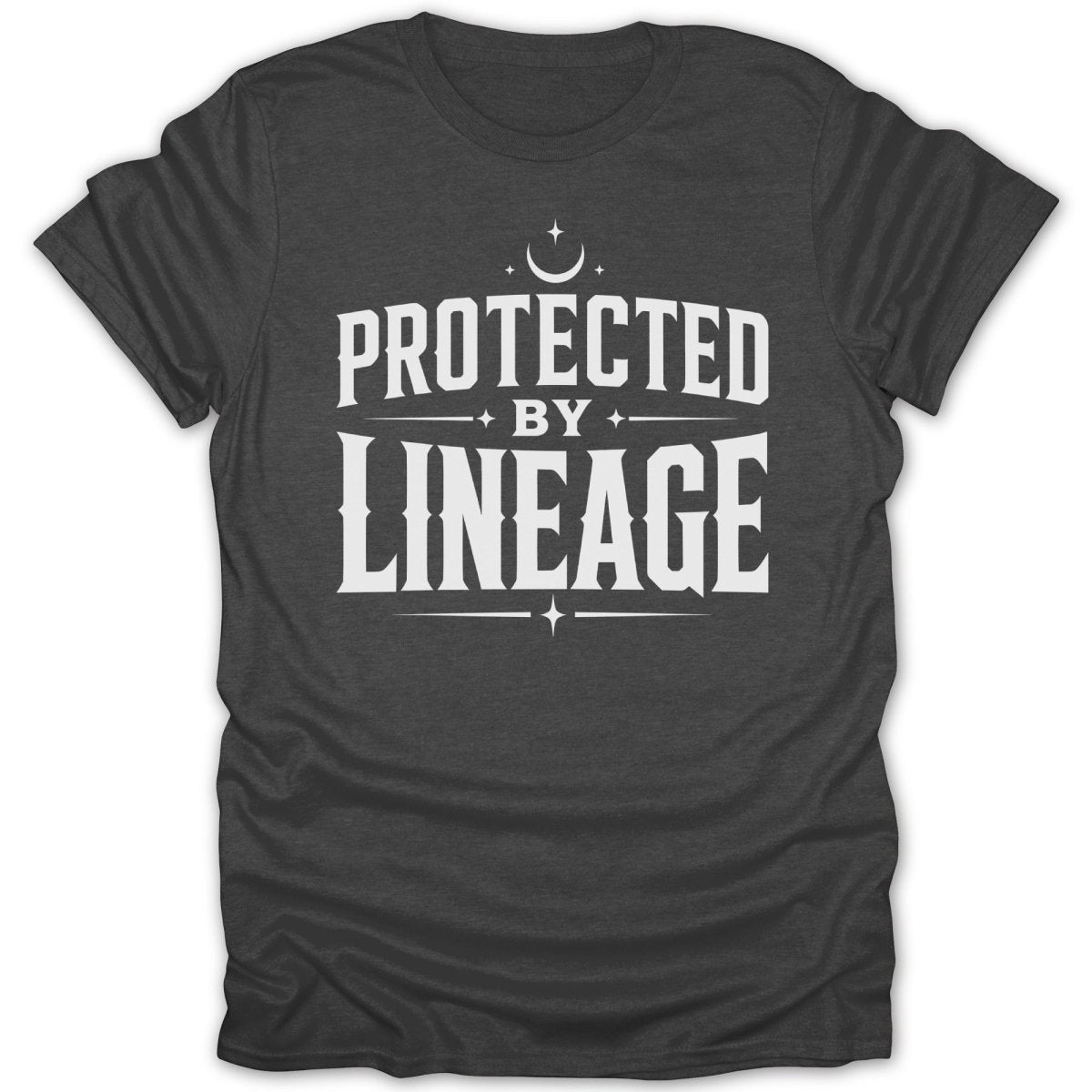 Dark t-shirt with white text "PROTECTED BY LINEAGE" and celestial design.