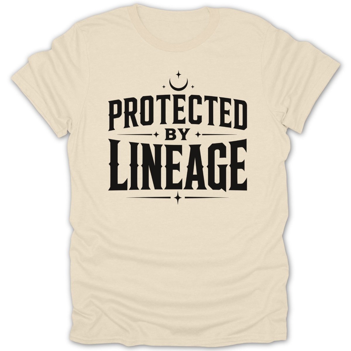 Cream t-shirt with black text "PROTECTED BY LINEAGE" and celestial graphics.
