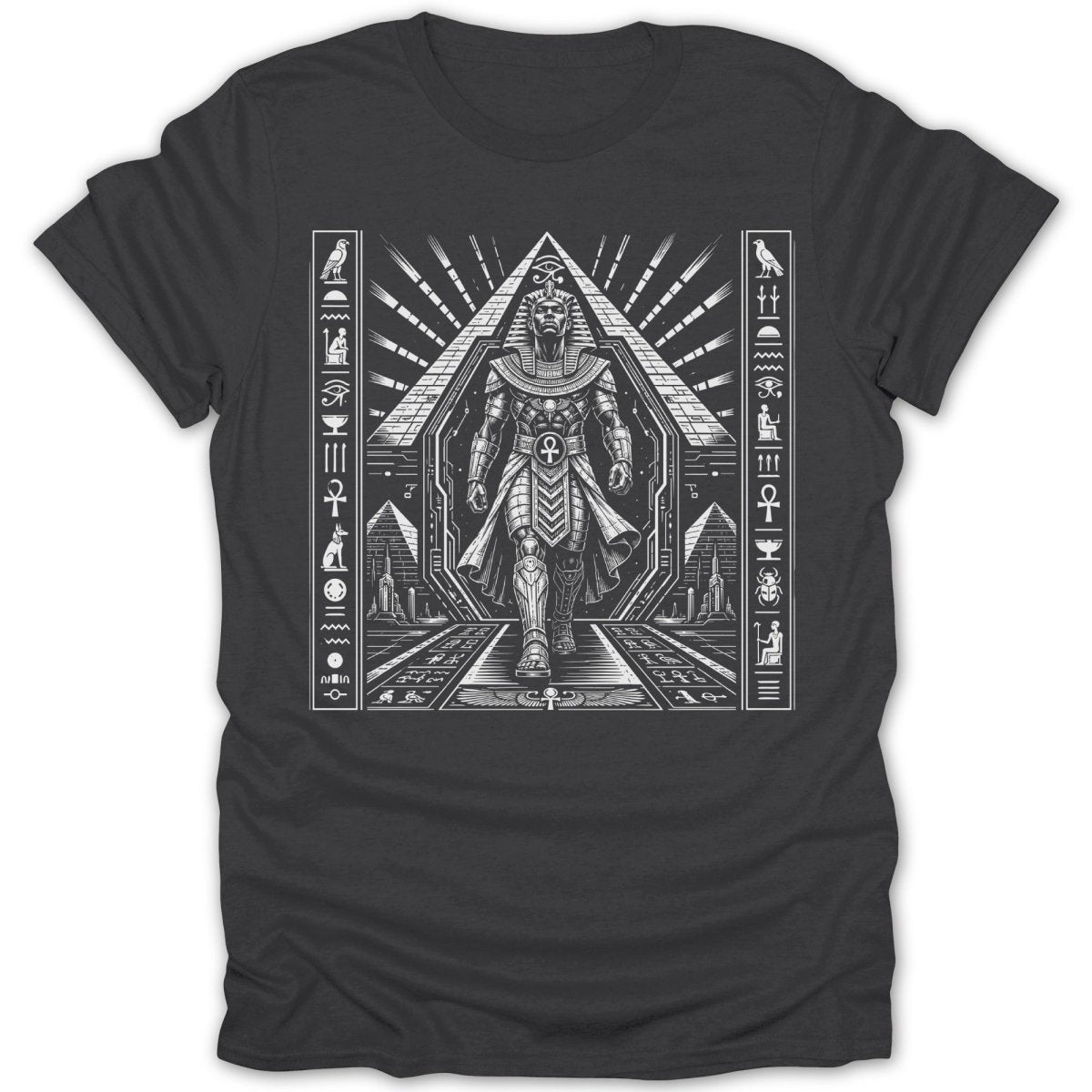 T-shirt graphic of ancient Egyptian pharaoh walking in pyramid hall with hieroglyphs.