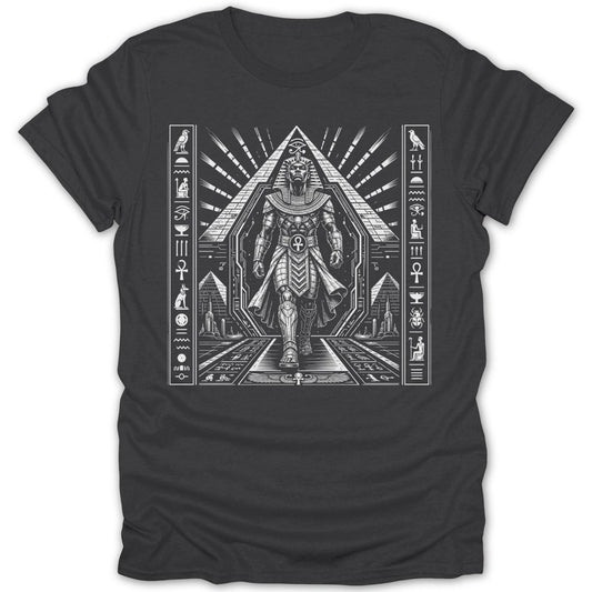 T-shirt graphic of ancient Egyptian pharaoh walking in pyramid hall with hieroglyphs.