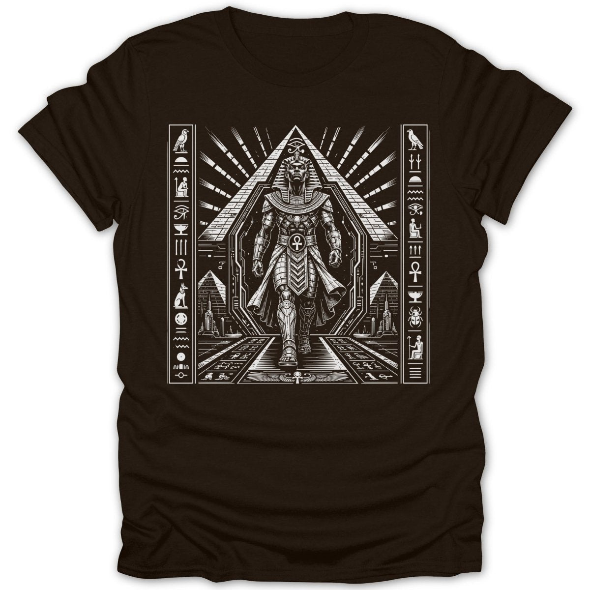 Illustration of an Egyptian pharaoh walking through a pyramid entrance with hieroglyphs.