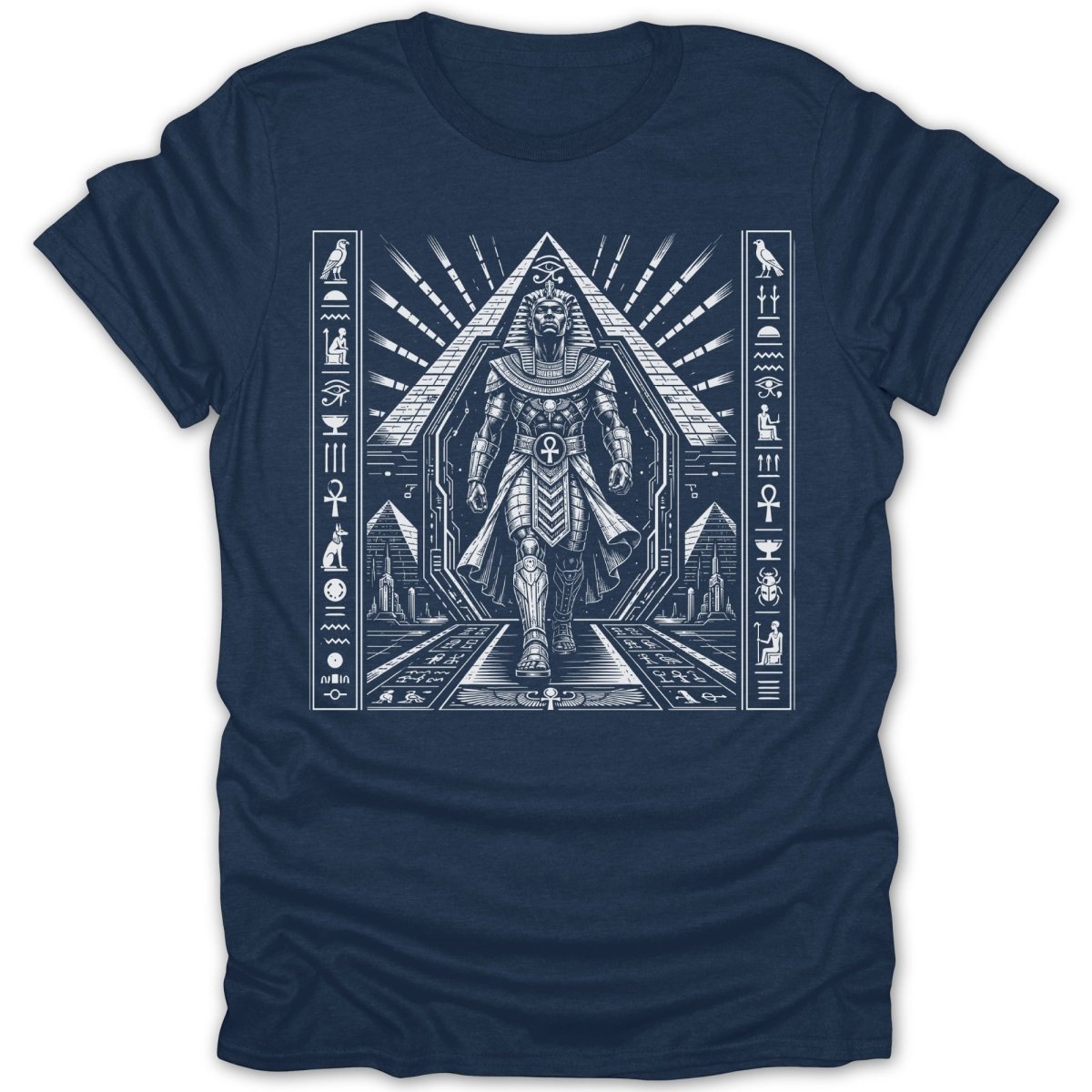 Pharaoh walking through Egyptian pyramid entrance with hieroglyphics.