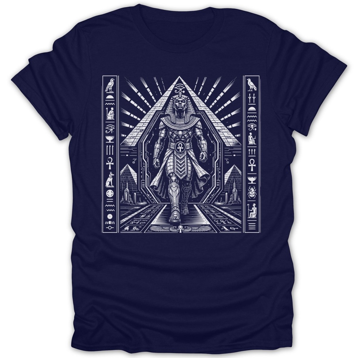 Egyptian pharaoh walking through a pyramid gate with hieroglyphs.
