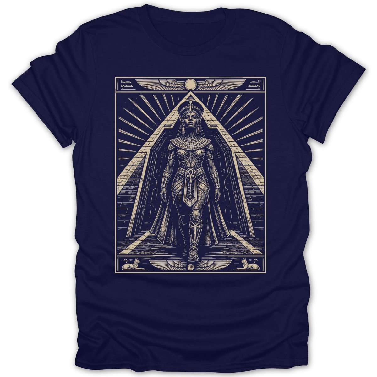Egyptian queen walks through a pyramid entrance with hieroglyphic symbols.