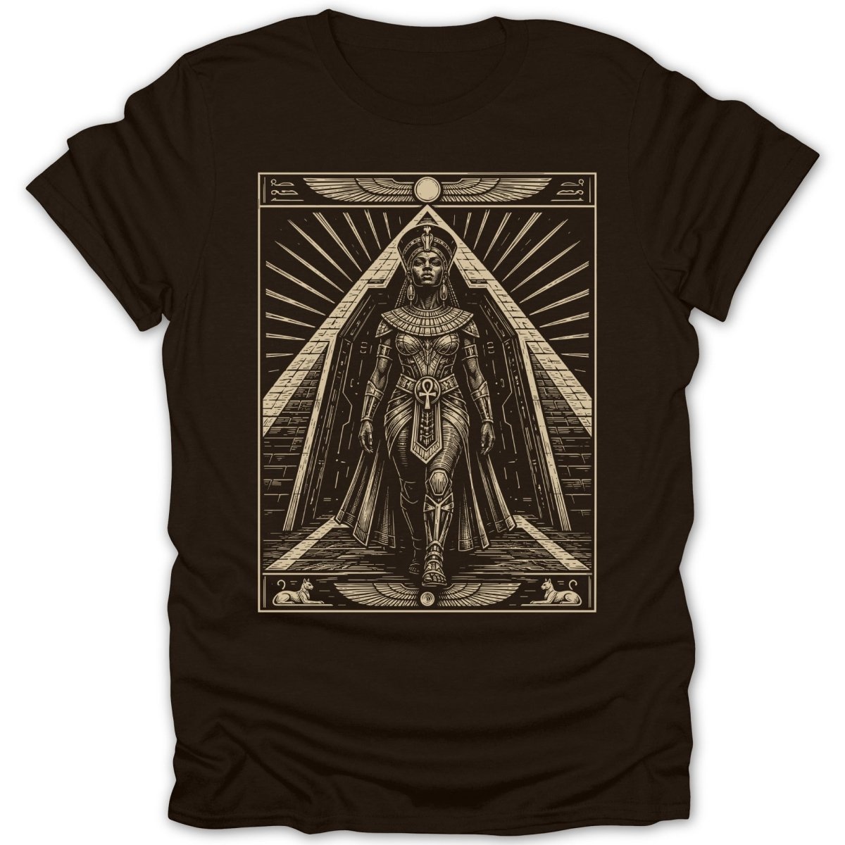 Egyptian queen in ornate armor walking down pyramid steps, art deco border.