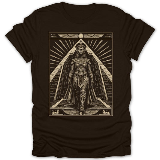 Egyptian queen in ornate armor walking down pyramid steps, art deco border.
