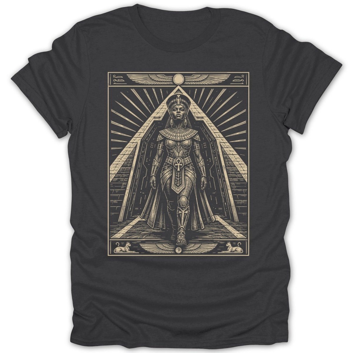 Egyptian queen with ankh necklace stands in pyramid entrance.