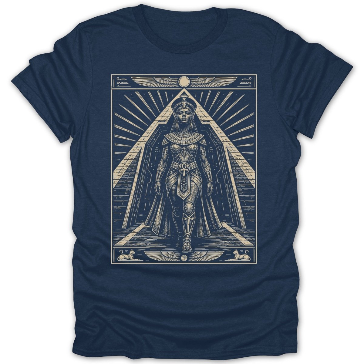 Egyptian warrior queen in regal attire walking through a grand doorway.