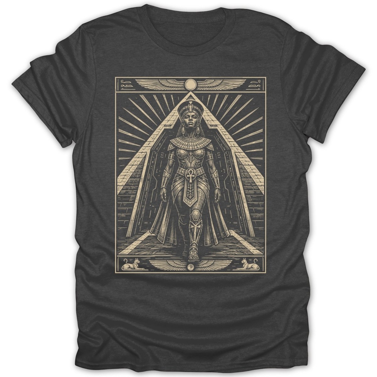 Egyptian pharaoh woman with headdress and armor walks down stairs.