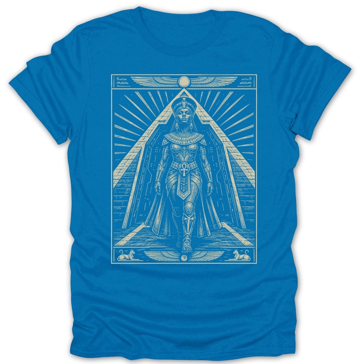 Egyptian goddess in pyramid frame with ankh and sphinxes.