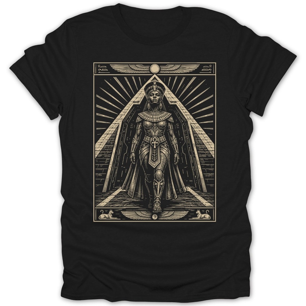 Egyptian queen in ornate armor walking down a pyramid path.