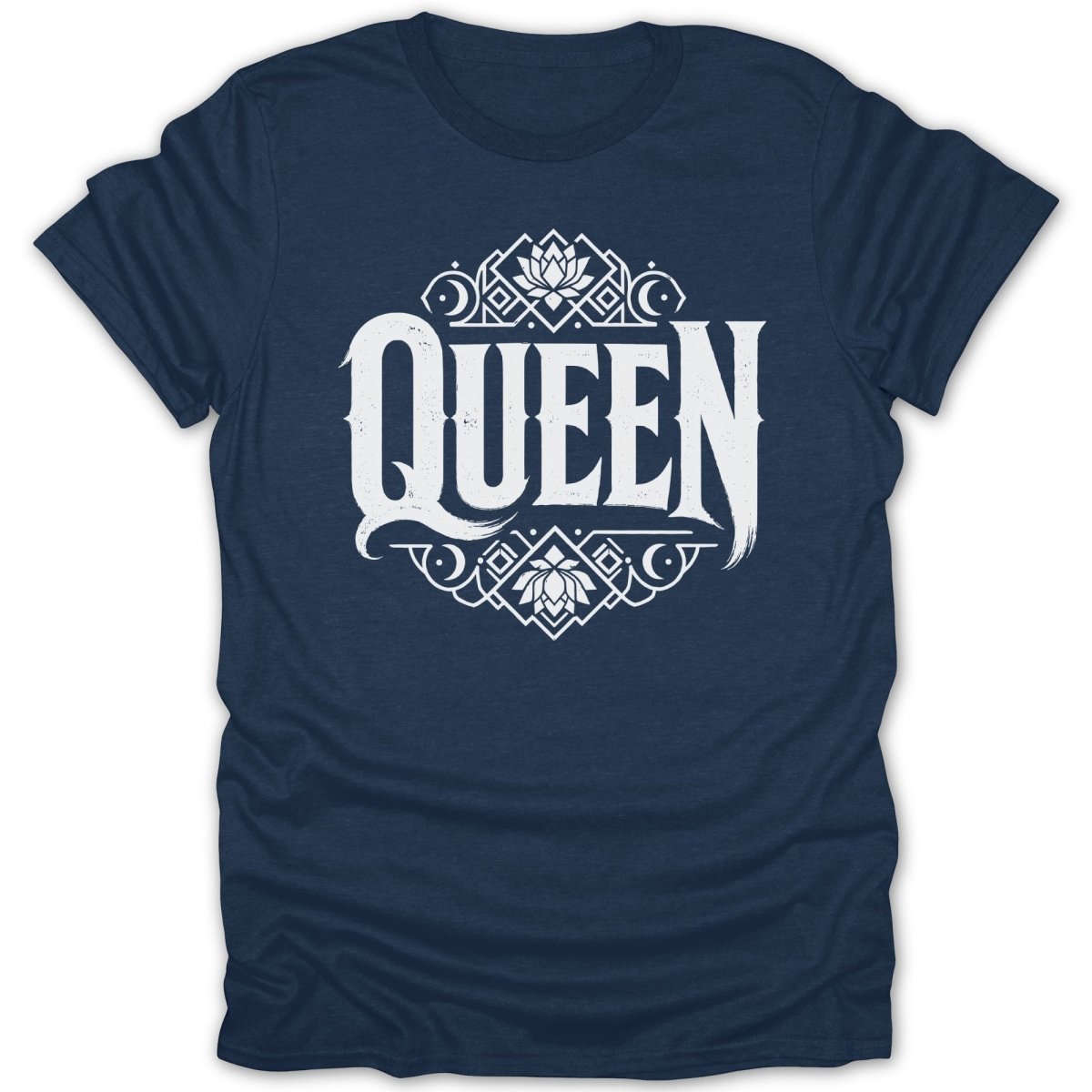 Navy t-shirt with white "Queen" text and decorative floral elements.