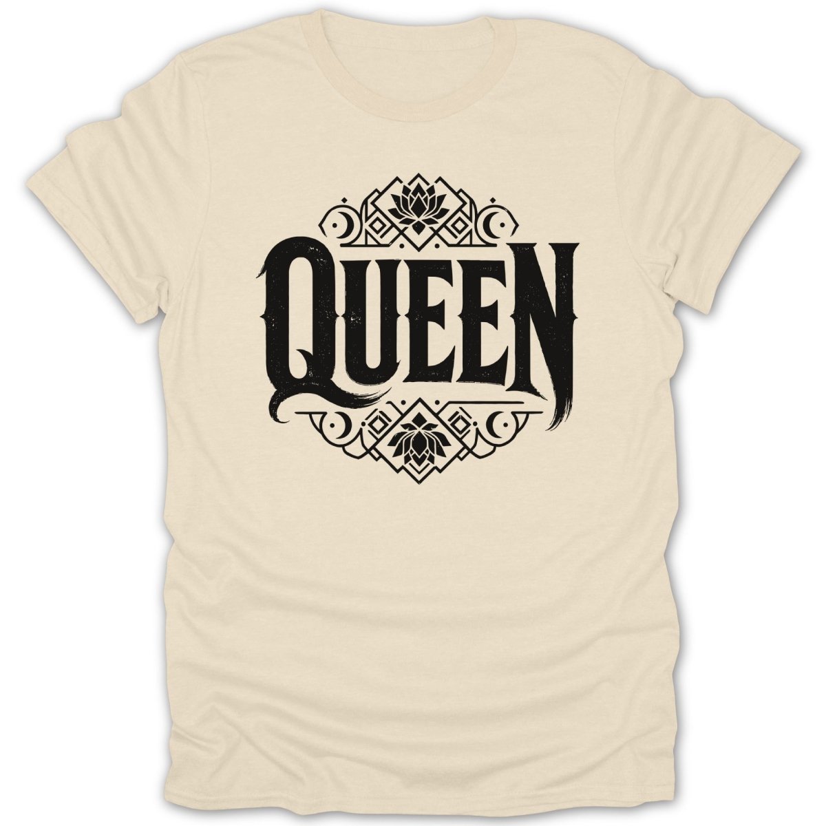 Cream t-shirt with "Queen" text in decorative black font and floral accents.