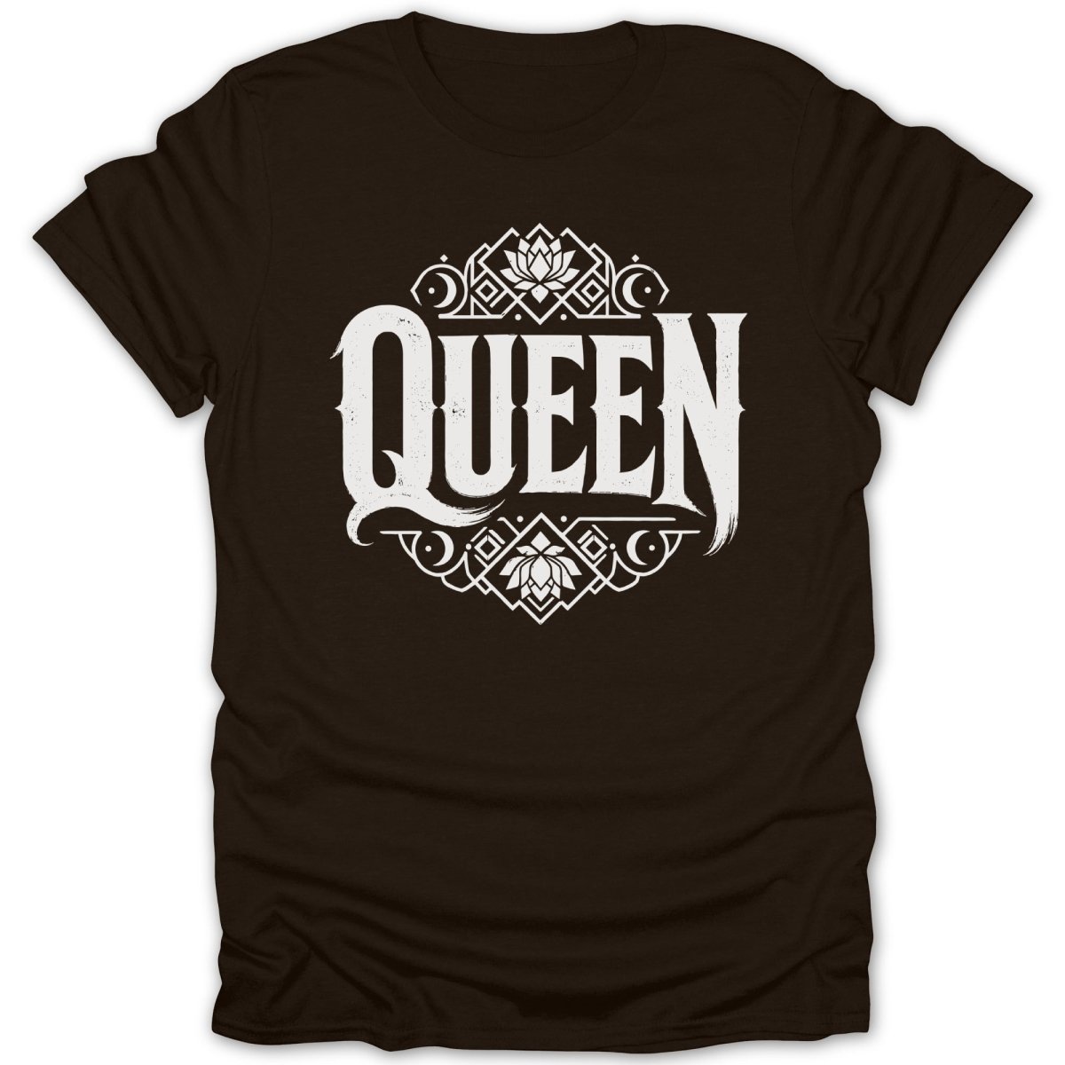 Brown t-shirt with white "Queen" text and ornate floral design.