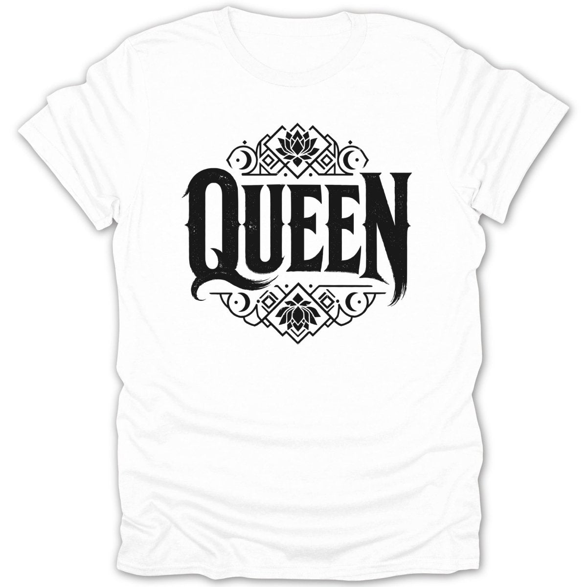 White t-shirt with black "Queen" text and ornate floral design.