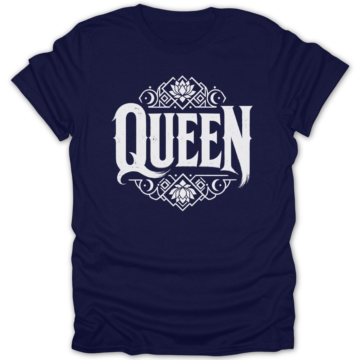 Navy t-shirt with "Queen" in ornate white lettering and decorative floral elements.