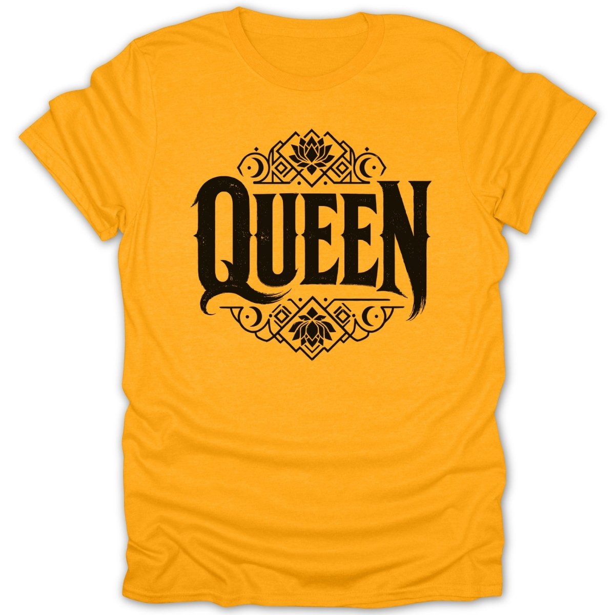 Yellow t-shirt with ornate "Queen" text and decorative floral elements.