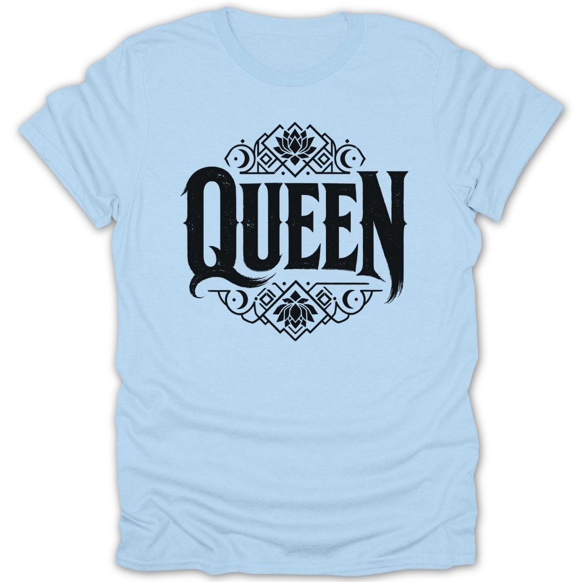 Light blue t-shirt with black "Queen" text and ornate floral design.