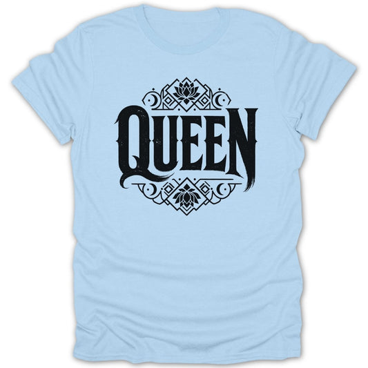 Light blue t-shirt with black "Queen" text and ornate floral design.