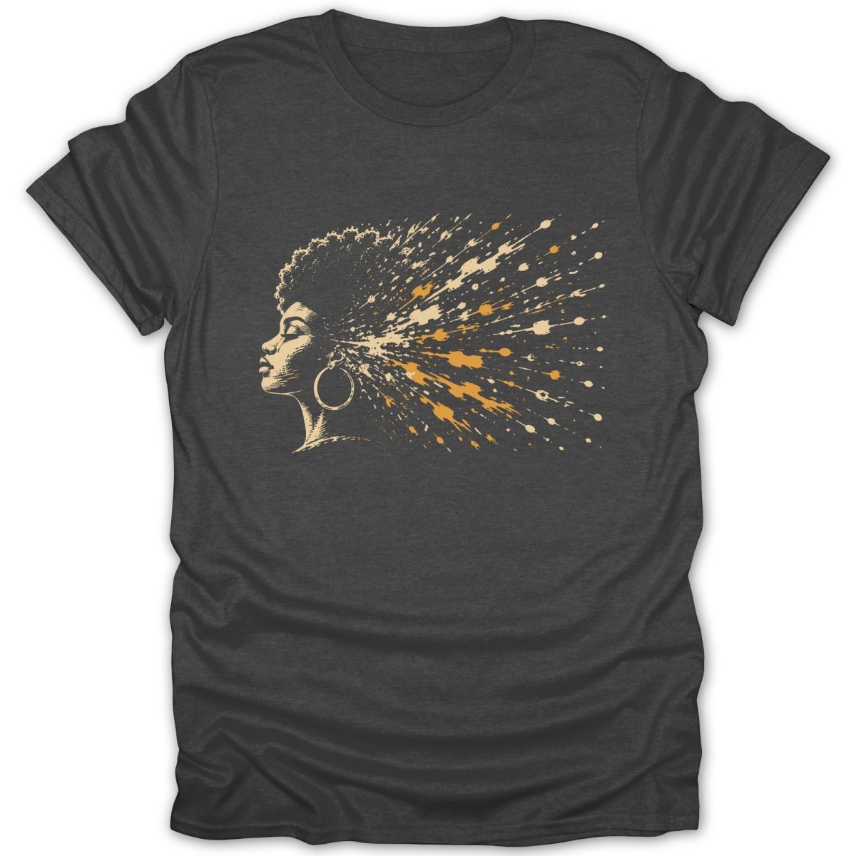 Dark t-shirt with profile of a woman with hair exploding in paint splatters.