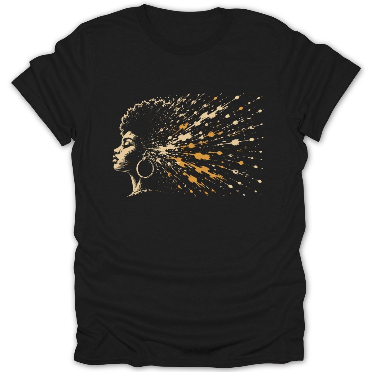 Black t-shirt with profile of woman with exploding afro in gold and beige splatters.