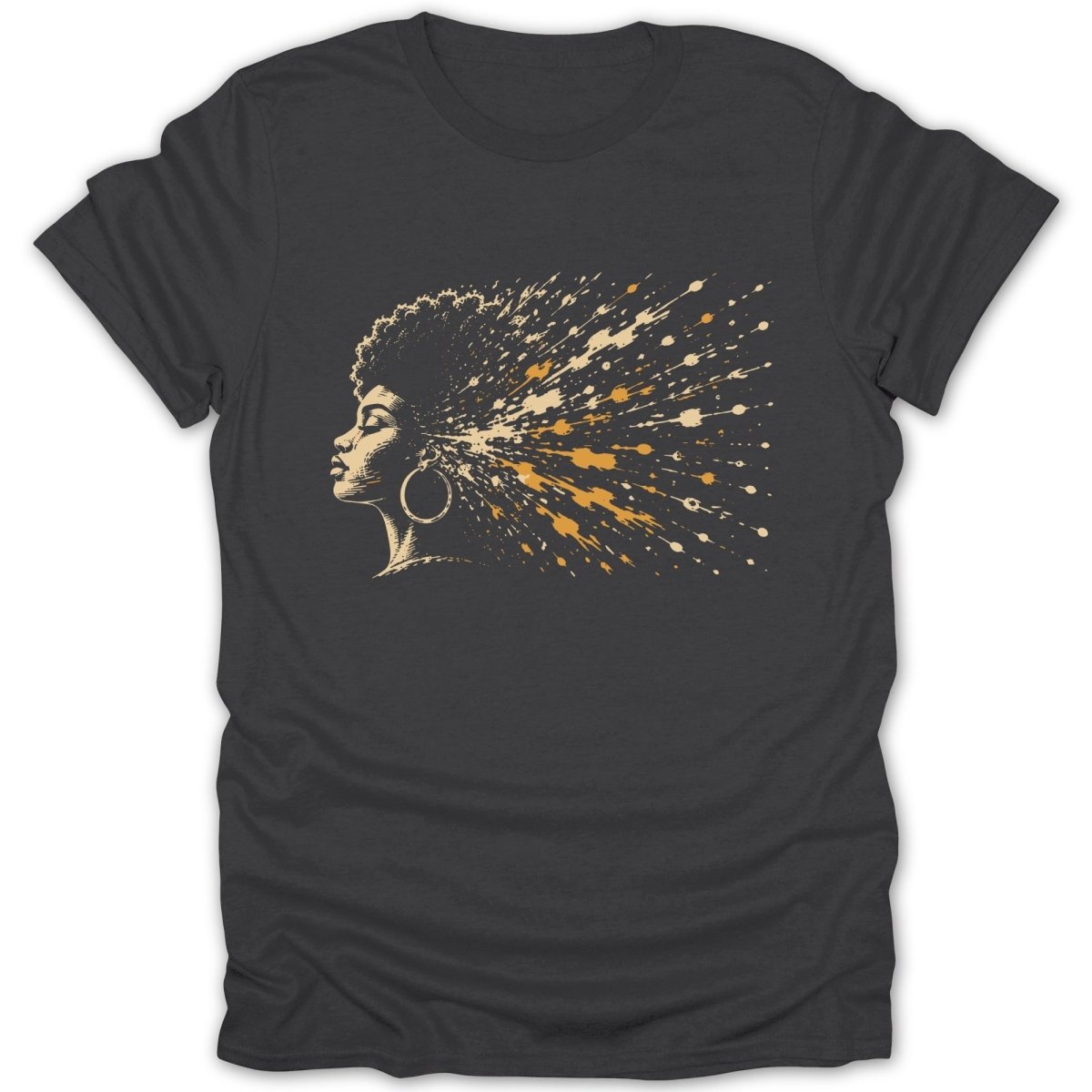 Profile of a woman with an afro with paint splatters exploding from her head.