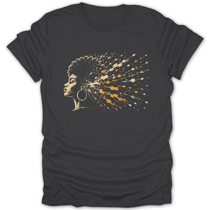 Profile of a woman with an afro with paint splatters exploding from her head.