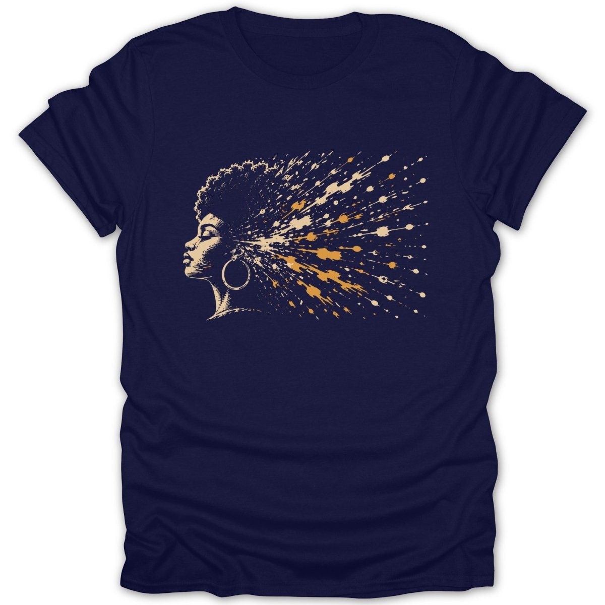 Dark blue t-shirt featuring a line drawing of a woman's profile with exploding hair.