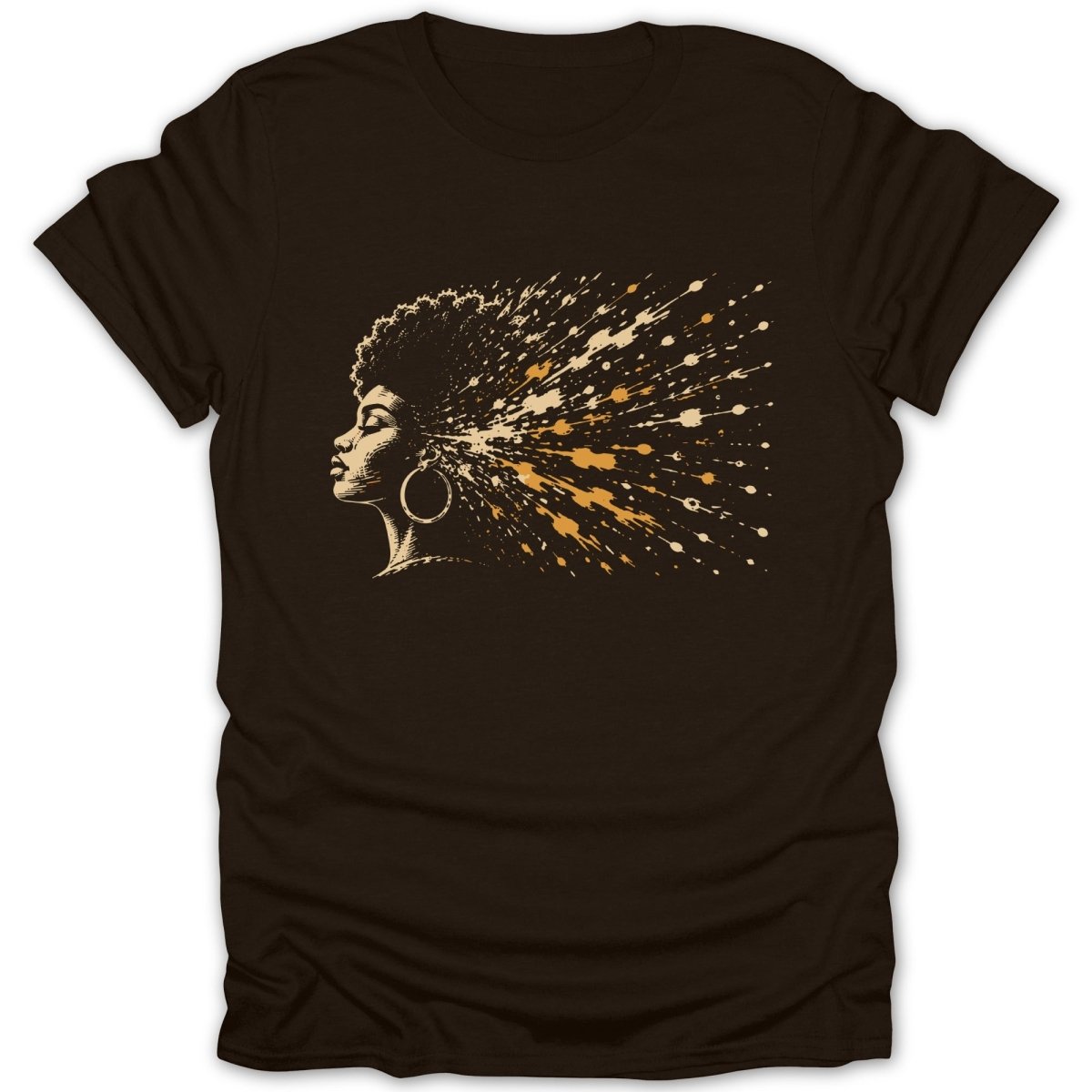 Brown t-shirt with a profile illustration of a Black woman's head with exploding hair.