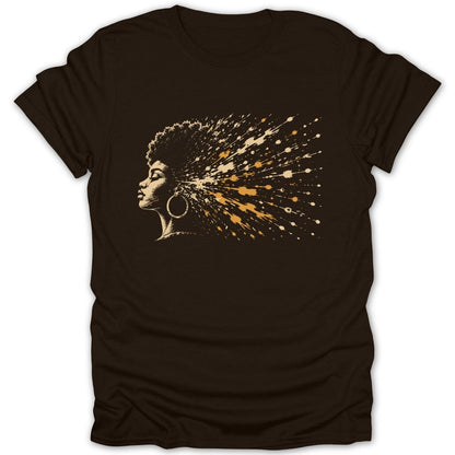 Brown t-shirt with a profile illustration of a Black woman's head with exploding hair.